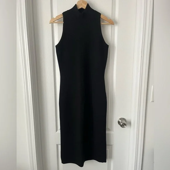 MICHAEL KORS Black Sleeveless Mock Neck Knit Midi Dress Stretch Bodycon Medium - Picture 2 of 8